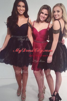 Suitable V-neck Sleeveless Prom Evening Gown Mini Length Beading Black Lace