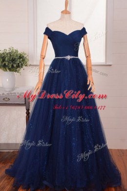 Elegant Off the Shoulder Navy Blue Sleeveless With Train Belt Zipper Prom Party Dress