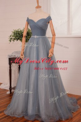 Elegant Off the Shoulder Navy Blue Sleeveless With Train Belt Zipper Prom Party Dress