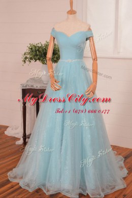 Elegant Off the Shoulder Navy Blue Sleeveless With Train Belt Zipper Prom Party Dress