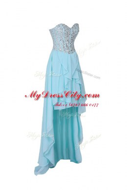 Blue Chiffon Zipper Sweetheart Sleeveless High Low Prom Gown Beading