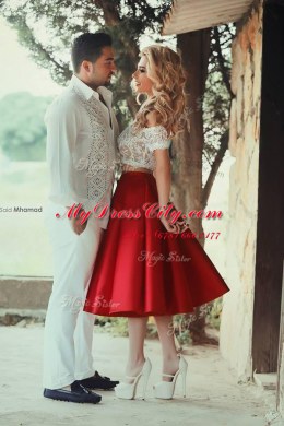Off the Shoulder Red Short Sleeves Lace Tea Length Prom Party Dress