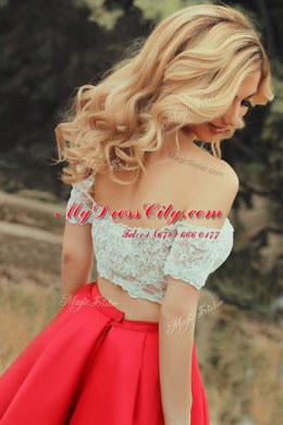 Off the Shoulder Red Short Sleeves Lace Tea Length Prom Party Dress