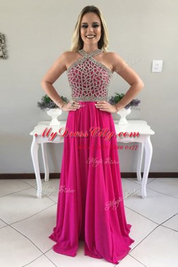 Flare Halter Top Beading Prom Party Dress Fuchsia Zipper Sleeveless With Train Sweep Train
