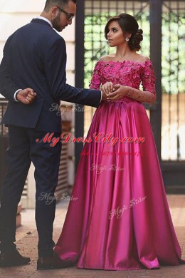 Off the Shoulder Fuchsia Satin Zipper Prom Dress Long Sleeves Sweep Train Appliques