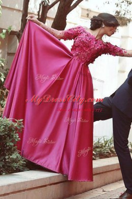 Off the Shoulder Fuchsia Satin Zipper Prom Dress Long Sleeves Sweep Train Appliques