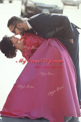 Off the Shoulder Fuchsia Satin Zipper Prom Dress Long Sleeves Sweep Train Appliques