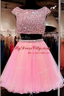 Luxurious Pink Bateau Neckline Beading Prom Evening Gown Cap Sleeves Zipper