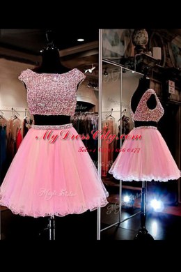Luxurious Pink Bateau Neckline Beading Prom Evening Gown Cap Sleeves Zipper