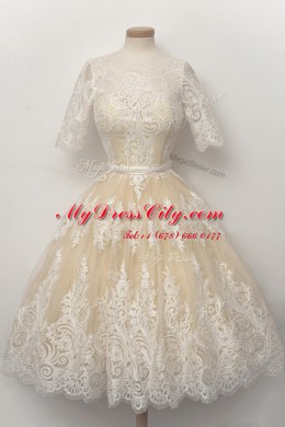Affordable Scalloped Lace and Belt Champagne Zipper Half Sleeves Knee Length