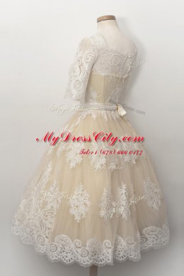 Affordable Scalloped Lace and Belt Champagne Zipper Half Sleeves Knee Length
