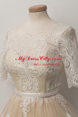 Affordable Scalloped Lace and Belt Champagne Zipper Half Sleeves Knee Length