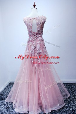 Scoop Tulle Sleeveless Floor Length Prom Dresses and Appliques