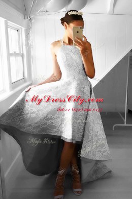 Sleeveless High Low Appliques Zipper Evening Wear with Grey