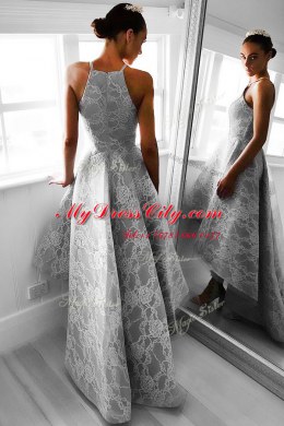 Sleeveless High Low Appliques Zipper Evening Wear with Grey