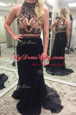 Black Sleeveless Appliques and Belt Backless Dress for Prom