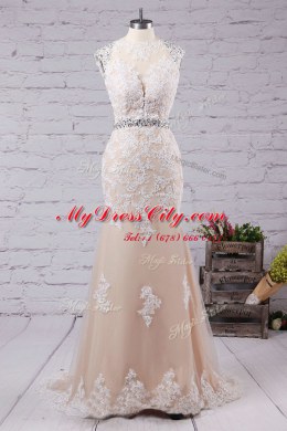 Scoop With Train Mermaid Sleeveless Champagne Prom Evening Gown Sweep Train Backless