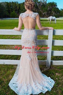 Scoop With Train Mermaid Sleeveless Champagne Prom Evening Gown Sweep Train Backless