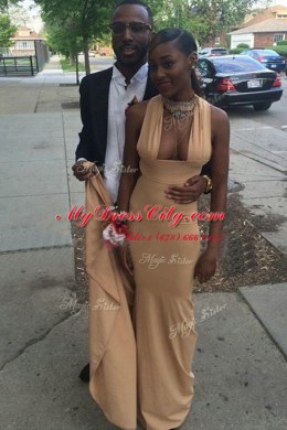 Artistic Champagne Mermaid Square Sleeveless Elastic Woven Satin Sweep Train Backless Ruching Prom Gown