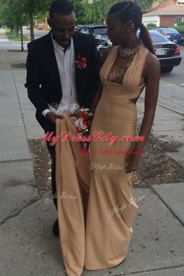 Artistic Champagne Mermaid Square Sleeveless Elastic Woven Satin Sweep Train Backless Ruching Prom Gown