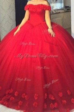 Fabulous Off The Shoulder Short Sleeves Tulle Prom Dress Hand Made Flower Lace Up