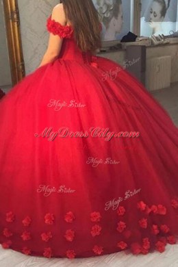 Fabulous Off The Shoulder Short Sleeves Tulle Prom Dress Hand Made Flower Lace Up