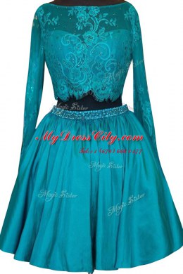 Sweet Beading and Lace Prom Gown Teal Zipper Long Sleeves Mini Length