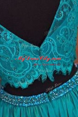 Sweet Beading and Lace Prom Gown Teal Zipper Long Sleeves Mini Length