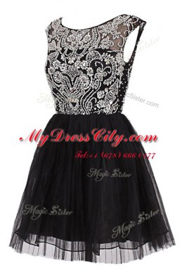 Knee Length Black Homecoming Dress Tulle Cap Sleeves Beading