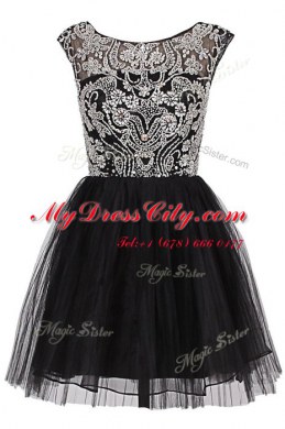 Knee Length Black Homecoming Dress Tulle Cap Sleeves Beading
