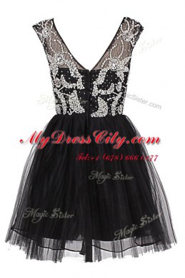 Knee Length Black Homecoming Dress Tulle Cap Sleeves Beading