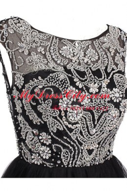 Knee Length Black Homecoming Dress Tulle Cap Sleeves Beading