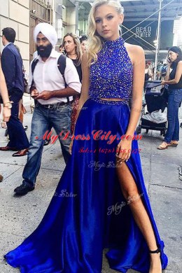 Beading Homecoming Dress Royal Blue Zipper Sleeveless With Train Sweep Train