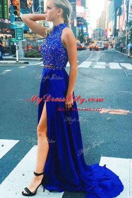 Beading Homecoming Dress Royal Blue Zipper Sleeveless With Train Sweep Train