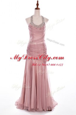 Pink Organza and Taffeta Side Zipper Halter Top Sleeveless With Train Dress for Prom Brush Train Beading