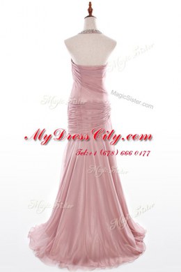 Pink Organza and Taffeta Side Zipper Halter Top Sleeveless With Train Dress for Prom Brush Train Beading