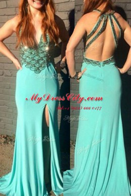 New Arrival Turquoise Empire Chiffon V-neck Sleeveless Beading With Train Backless Prom Party Dress Sweep Train