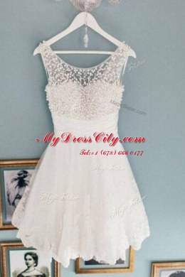 Scoop Sleeveless Prom Party Dress Knee Length Beading White Lace