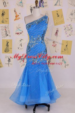 Ideal Mermaid One Shoulder Sleeveless Chiffon Floor Length Zipper in Blue with Beading