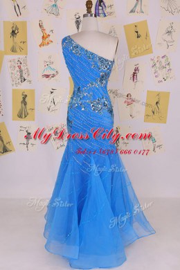 Ideal Mermaid One Shoulder Sleeveless Chiffon Floor Length Zipper in Blue with Beading