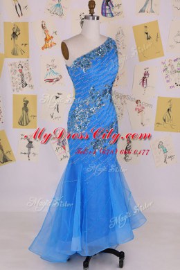 Ideal Mermaid One Shoulder Sleeveless Chiffon Floor Length Zipper in Blue with Beading