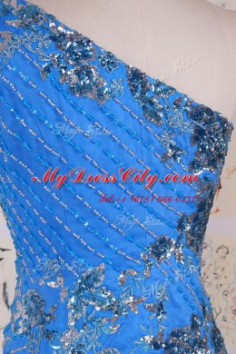 Ideal Mermaid One Shoulder Sleeveless Chiffon Floor Length Zipper in Blue with Beading