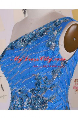Ideal Mermaid One Shoulder Sleeveless Chiffon Floor Length Zipper in Blue with Beading