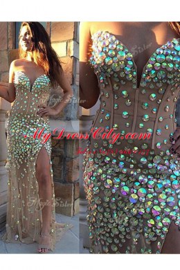 Champagne Sleeveless Brush Train Beading With Train Evening Dress