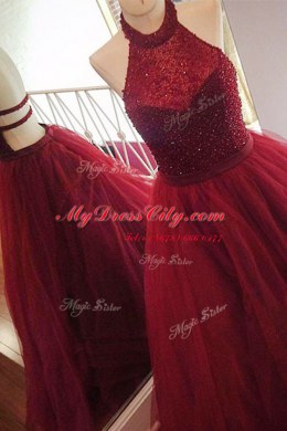 Stylish Halter Top Sleeveless Sweep Train Beading Backless Homecoming Dress
