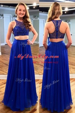 Fancy Scoop Floor Length A-line Sleeveless Royal Blue Prom Party Dress Zipper
