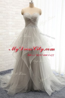Sweetheart Sleeveless Court Train Lace Up Pageant Dress Toddler Grey Tulle
