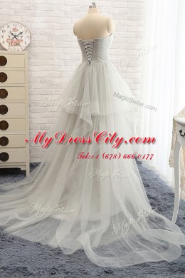 Sweetheart Sleeveless Court Train Lace Up Pageant Dress Toddler Grey Tulle