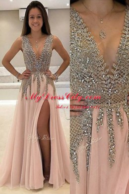 Brush Train Empire Evening Dress Champagne V-neck Tulle Sleeveless With Train Backless