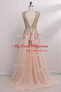 Brush Train Empire Evening Dress Champagne V-neck Tulle Sleeveless With Train Backless